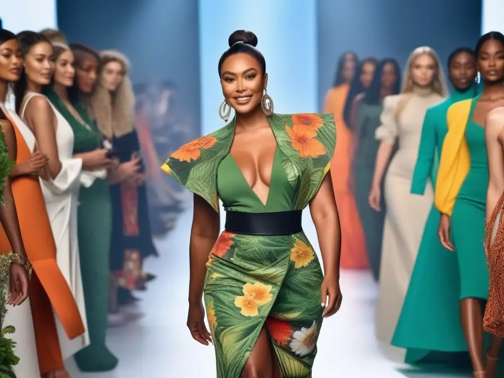 Diseñadores de moda inclusiva y sostenible en desfile futurista Desfile de diseñadores de moda sostenible inclusiva en pasarela futurista, representando diversidad y progreso en la industria