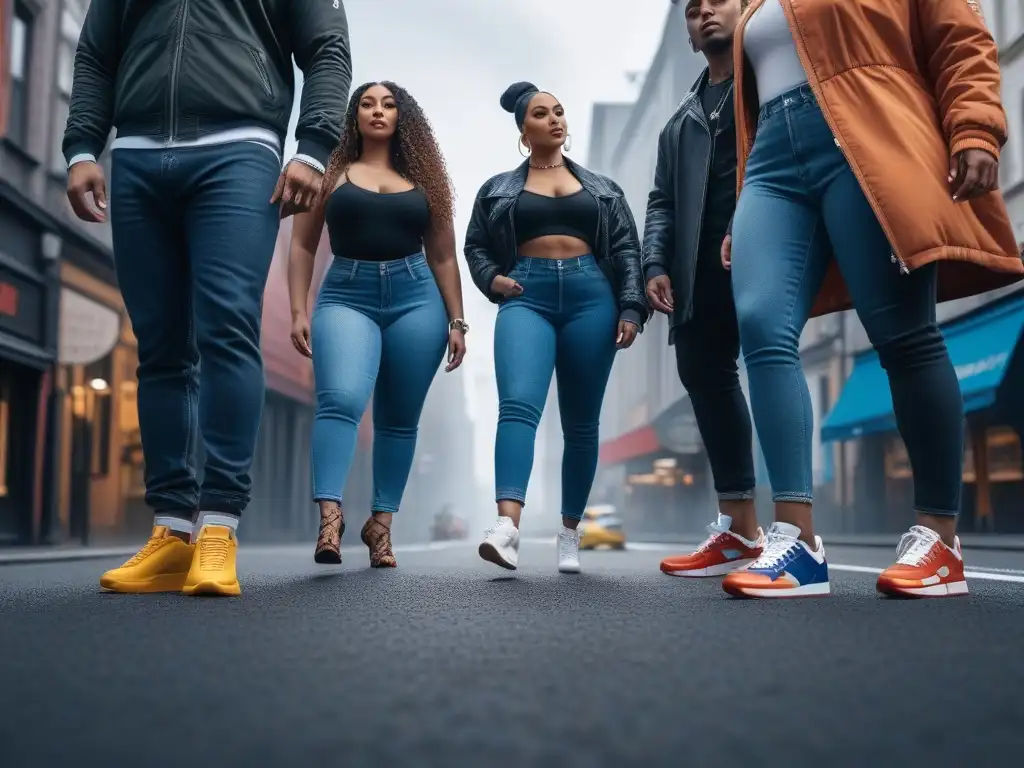 Zapatos inclusivos: diversidad y estilo en la ciudad Un desfile diverso de personas con zapatos de moda inclusiva para todos los cuerpos en la vibrante ciudad
