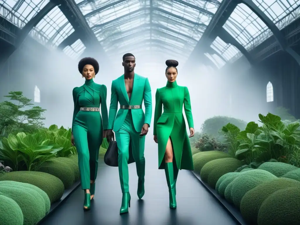 Desfile ecoamigable: moda diversa y sostenible en pasarela futurista Desfile ecoconsciente: modelos diversos con atuendos sostenibles en una pasarela futurista