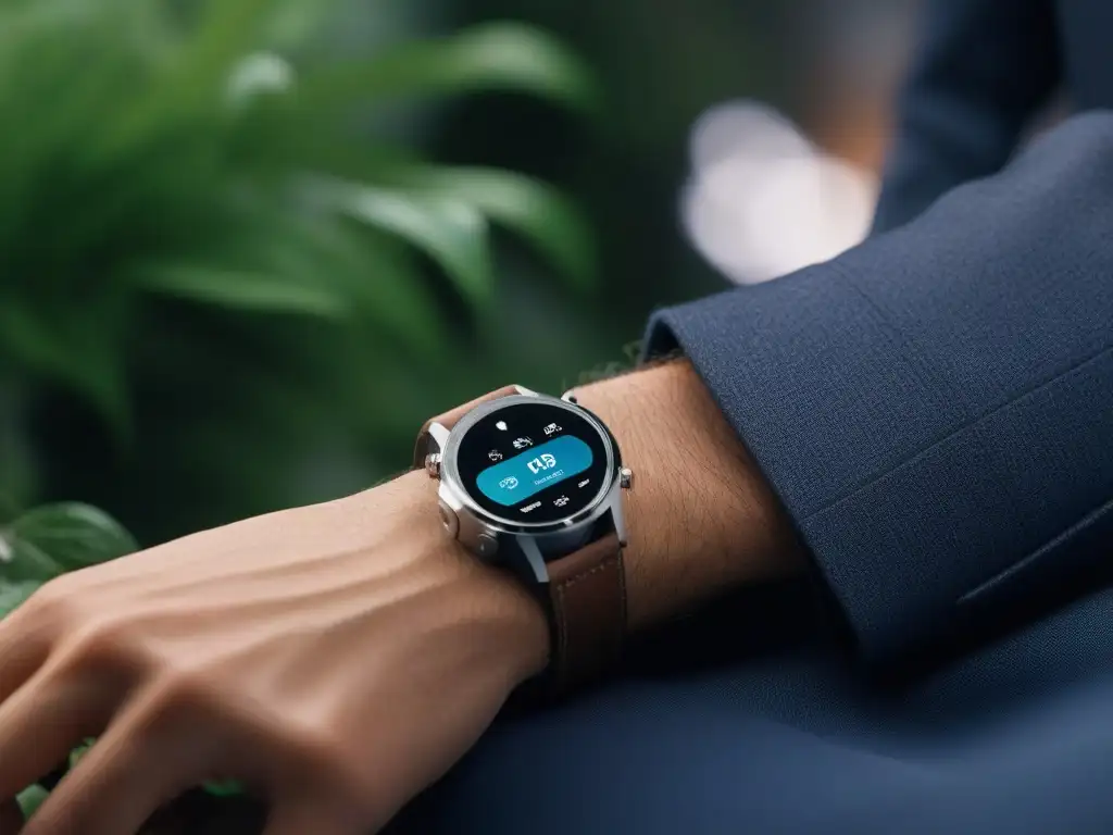 Reloj inteligente de lujo sostenible en desfile ecofriendly Un desfile ecológico de moda con wearables premium y diseño futurista