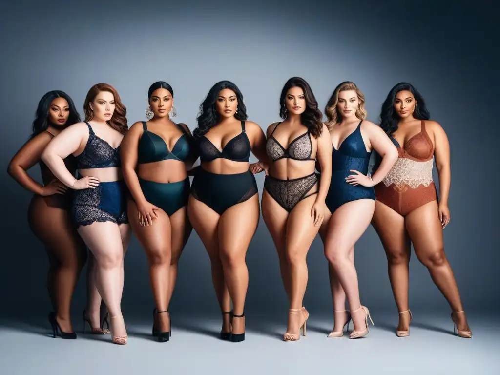 Desfile de modelos plussize seguras y empoderadas en lencería elegante Un desfile elegante de modelos plus size diversos y seguros de sí mismos en lencería moderna