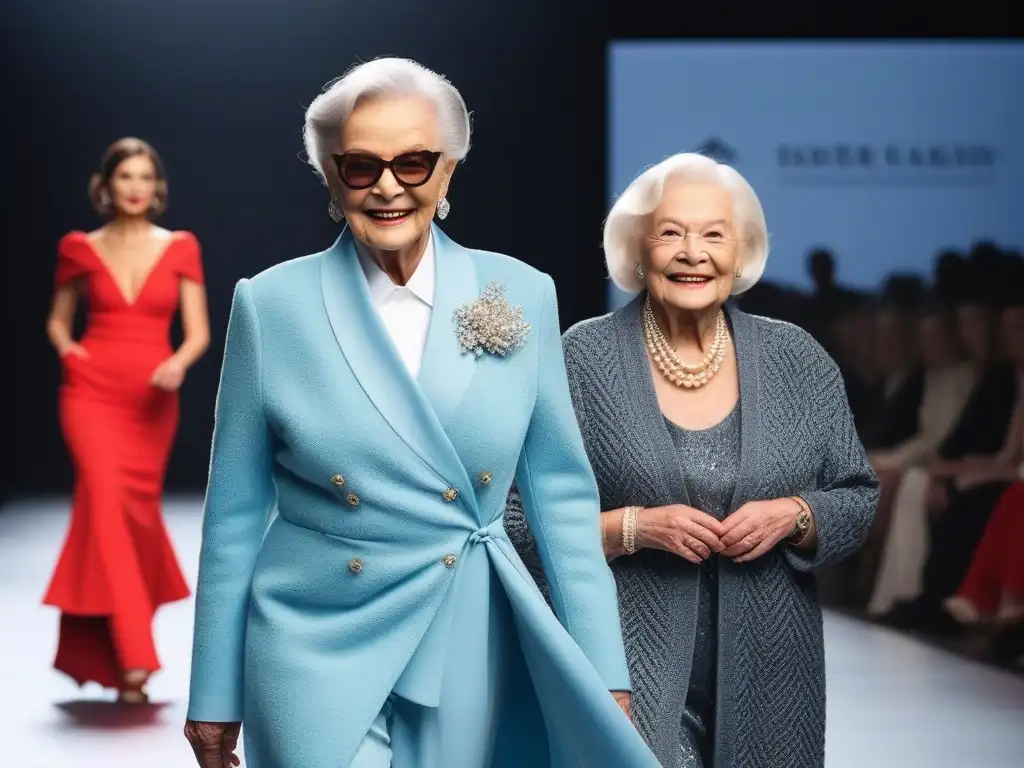 Desfile de moda inclusivo para seniors: elegancia y diversidad Desfile elegante de modelos seniors diversos caminando por la pasarela, con atuendos inclusivos