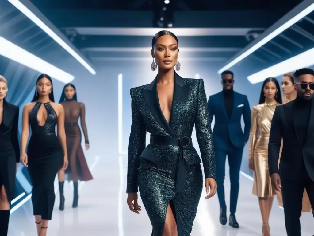 Desfile de celebridades: diversidad y empoderamiento en la moda Un desfile futurista con celebridades de diversas culturas y estilos de moda, reflejando la influencia de celebridades en moda diversa