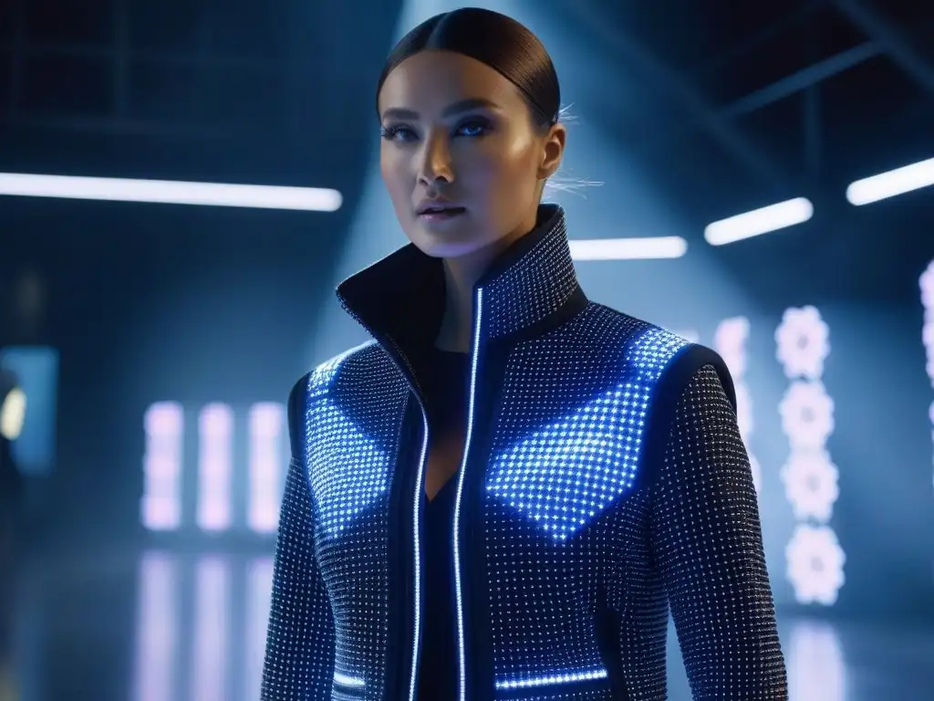 Chaqueta inteligente futurista con LED integrados en desfile tecnológico Un desfile futurista con chaqueta inteligente y luces LED cambiantes