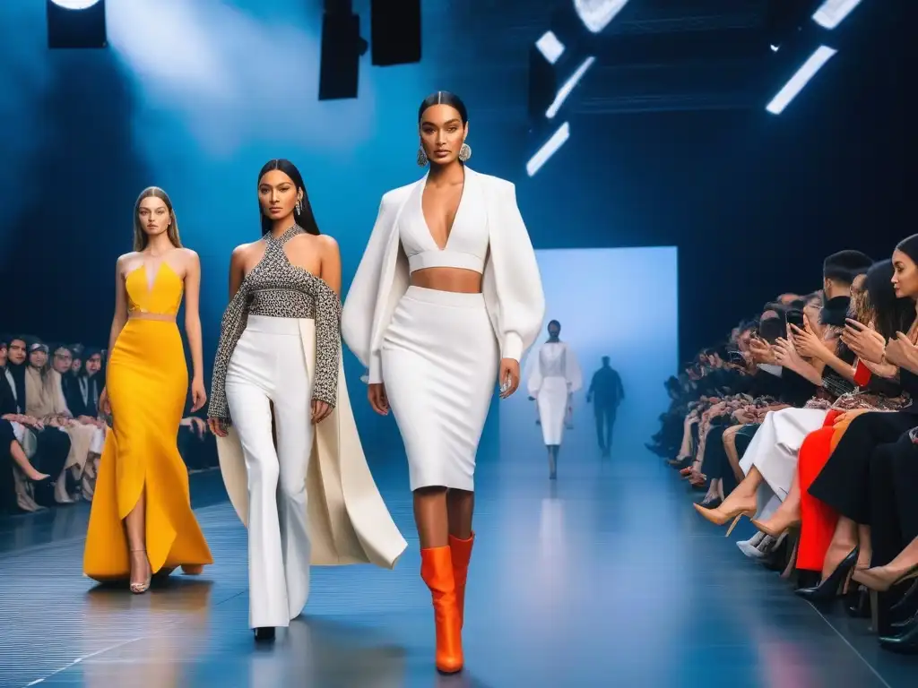 Desfile de moda sostenible y diverso: evolución hacia la inclusividad Un desfile futurista y diverso, representando la evolución hacia la sostenibilidad e inclusión en la industria de la moda