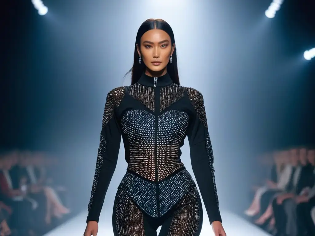 Desfile de moda futurista: tecnología wearable y elegancia digital Desfile futurista de gadgets de moda de alta gama con modelos luciendo prendas tecnológicas de vanguardia