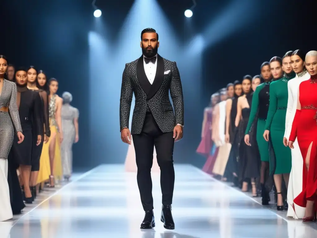 Desfile de moda inclusiva: diversidad y innovación en la pasarela futurista Desfile futurista de Diseño Universal Moda Inclusiva con modelos diversos y prendas adaptativas, iluminación moderna y audiencia variada