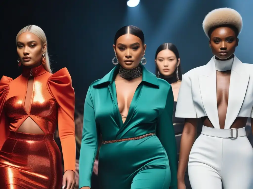 Pasarela del futuro: moda inclusiva y diversa en acción Un desfile futurista incluyente con modelos diversos, exhibiendo moda vanguardista