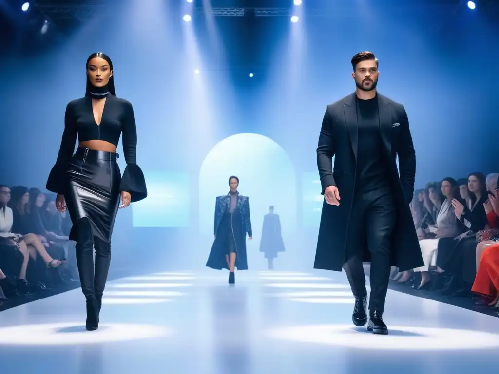 Desfile de moda inclusivo y futurista con diseños innovadores Un desfile futurista de marcas líderes en ropa adaptativa, con modelos diversos mostrando innovadores diseños