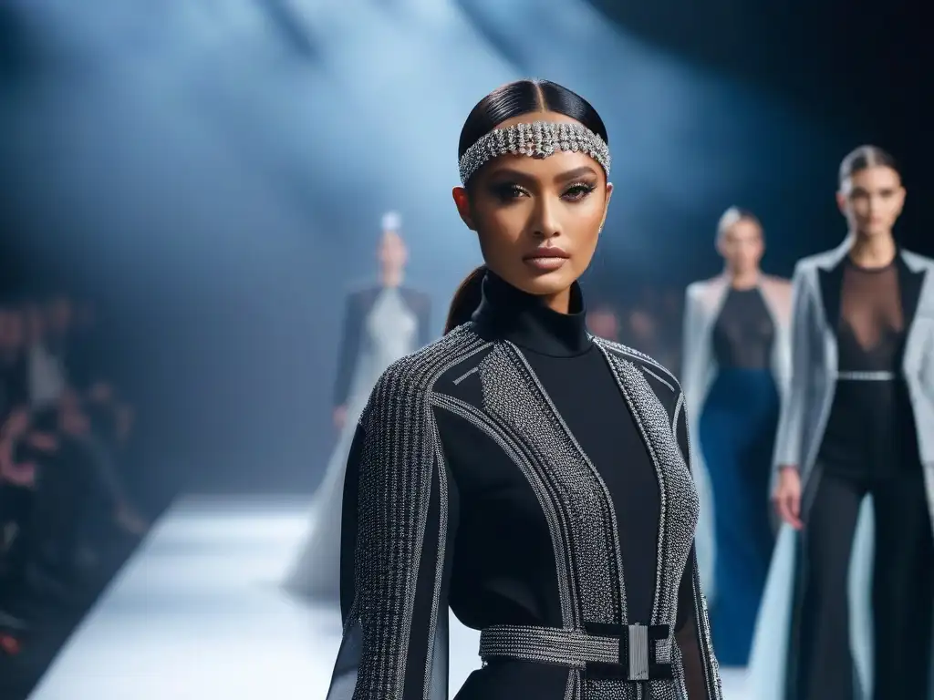 Moda inclusiva: desfile futurista de diseños adaptativos Desfile futurista de moda adaptativa para todos, con modelos diversos mostrando diseños innovadores en una pasarela moderna y tecnológica