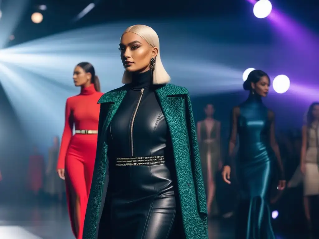 Moda adaptativa: Desfile inclusivo de diversidad y estilo Desfile futurista de moda adaptativa para todos cuerpos: modelos diversos muestran confianza y estilo en la pasarela iluminada