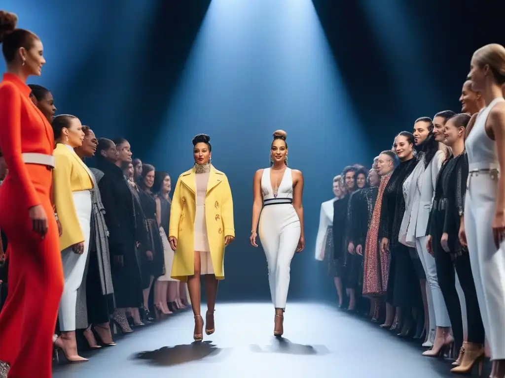 Desfile futurista de moda adaptativa para todas con influencers y modelos diversos, promoviendo inclusión y diversidad