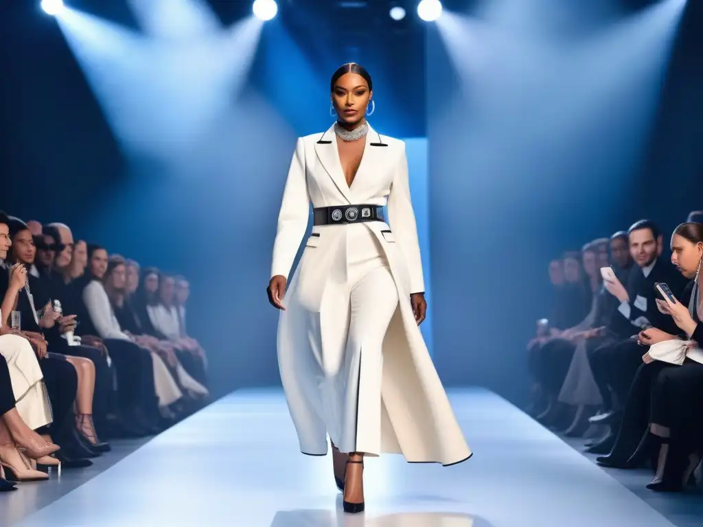 Desfile de moda inclusiva: diseño adaptativo y empoderamiento Un desfile futurista de moda adaptativa tecnología inclusiva con modelos diversos, incluyendo personas con discapacidad, luciendo diseños innovadores en una pasarela brillante