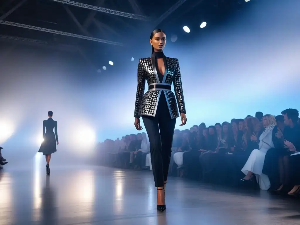 Desfile futurista de moda adaptativa hightech Desfile futurista de moda adaptativa con diseños de vanguardia y tecnología, iluminado por un brillo etéreo