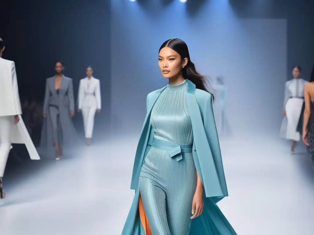Desfile de moda futurista inclusiva y tecnológica Desfile futurista con moda adaptativa y tecnología innovadora, reflejando la integración del feedback cliente en diseños inclusivos y vanguardistas