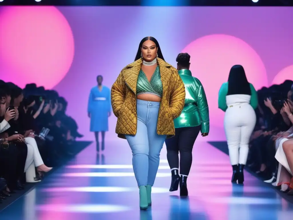Desfile inclusivo de moda adaptativa: diversidad y empoderamiento Un desfile futurista de moda adaptativa para todas tallas con modelos diversos irradiando confianza y gracia