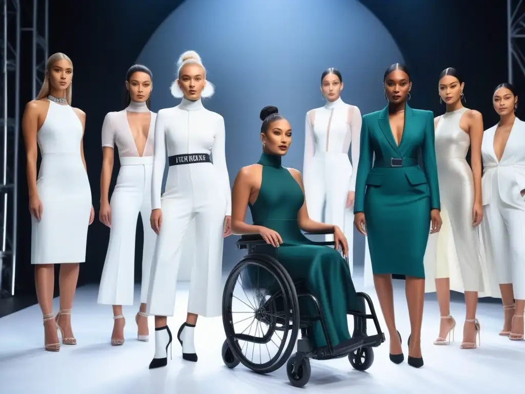 Un desfile futurista de moda adaptativa inclusiva y diversa, donde modelos muestran con confianza diseños únicos