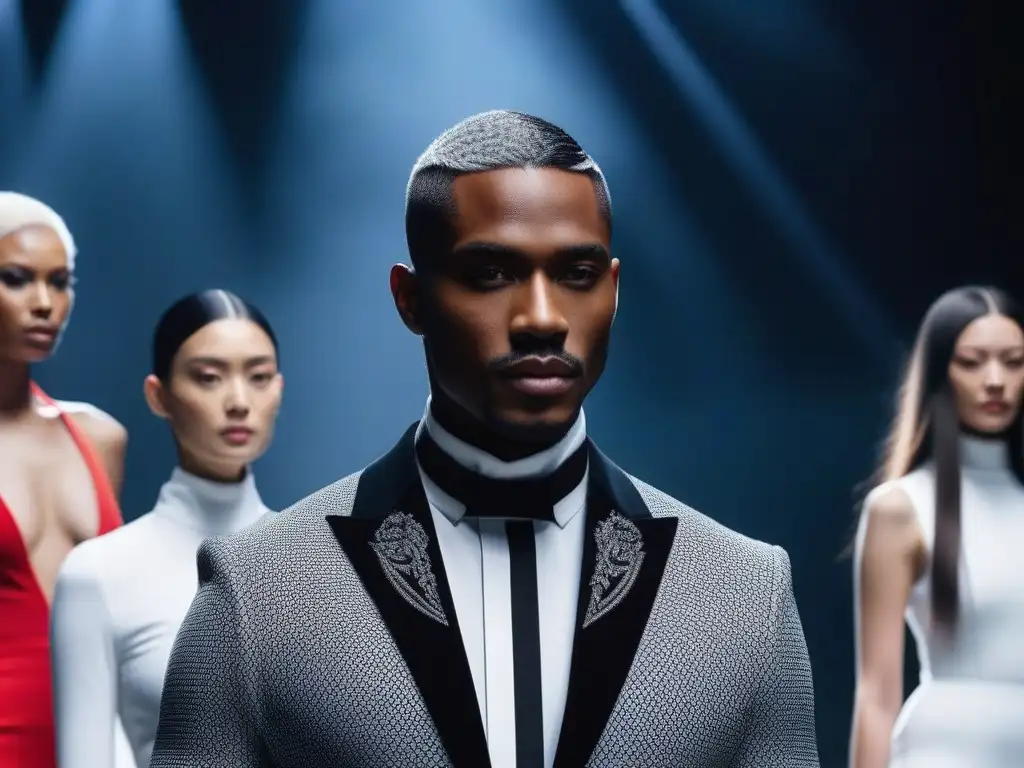 Diversidad y moda adaptativa en pasarela futurista Un desfile futurista de moda adaptativa para todos cuerpos con modelos diversos desafiando normas de género en la pasarela