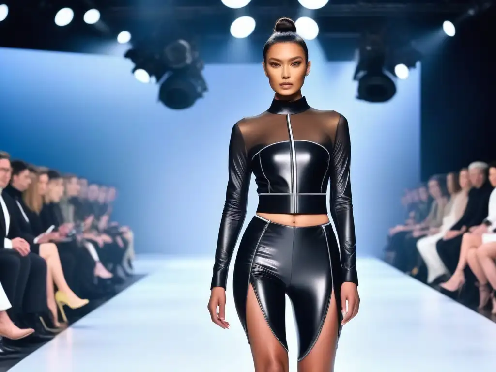 Desfile de moda futurista: moda adaptativa para todos los cuerpos Un desfile futurista de moda adaptativa para todos cuerpos en una pasarela de alta tecnología