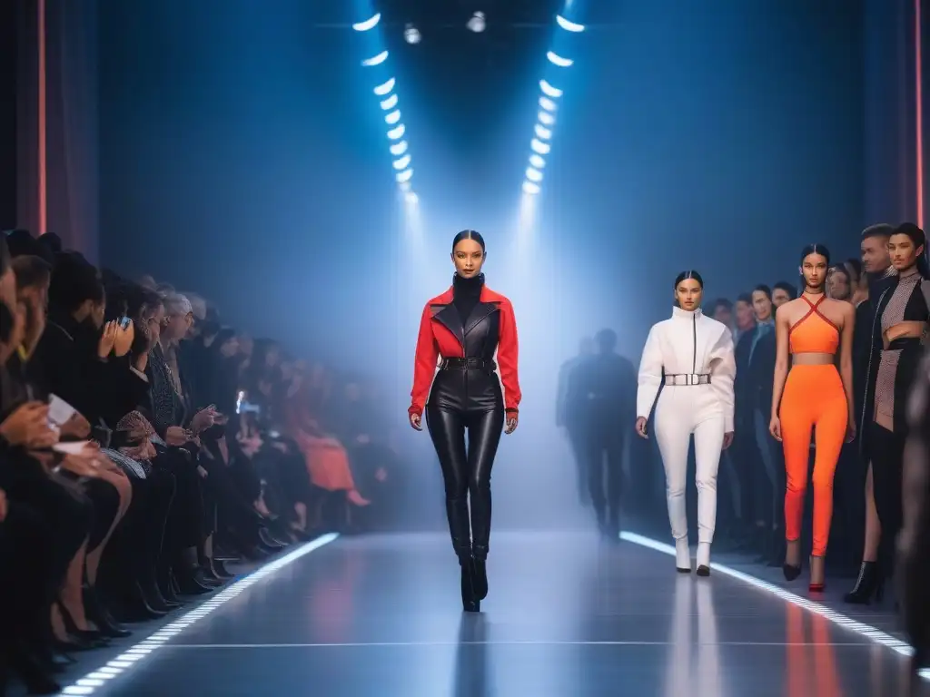 Desfile de moda futurista: Innovación y diversidad en prendas adaptativas Un desfile futurista de moda adaptativa para todos, con diseños innovadores y funcionales iluminados por luces de neón