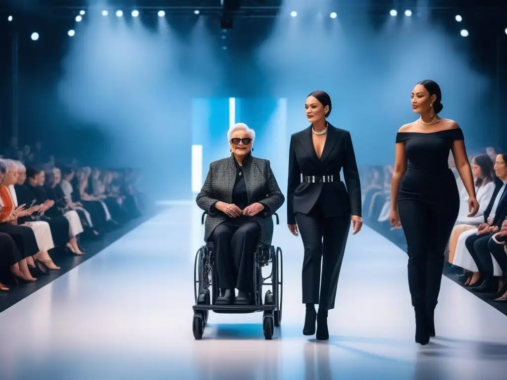 Desfile inclusivo de moda adaptativa en pasarela futurista Un desfile futurista con moda adaptativa para todos, celebrando la diversidad y la inclusión en la industria de la moda