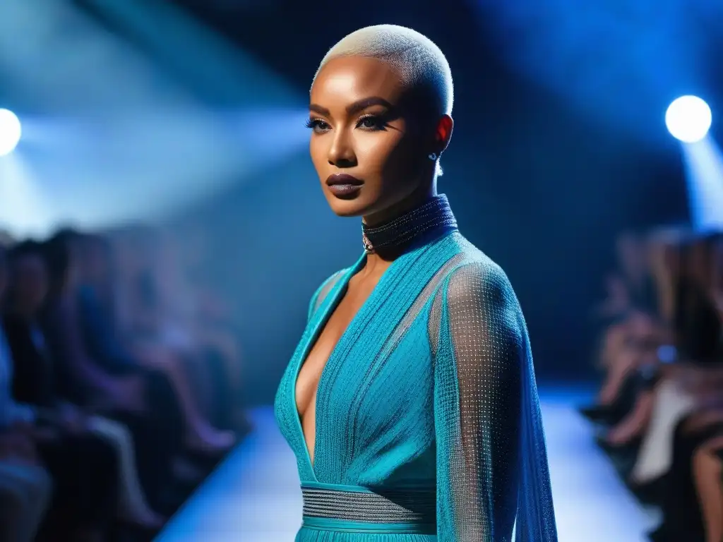 Pasarela futurista de moda inclusiva con modelos de habilidades diversas desfilando con confianza en diseños adaptativos vanguardistas Un desfile futurista de moda adaptativa influenciada por cultura, con modelos de diversas capacidades luciendo diseños vanguardistas