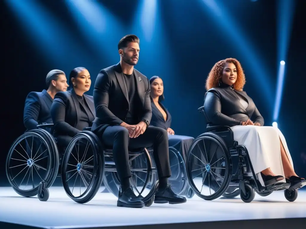 Moda adaptativa sostenible: pasarela futurista Desfile futurista de moda adaptativa sostenible inclusiva diversa