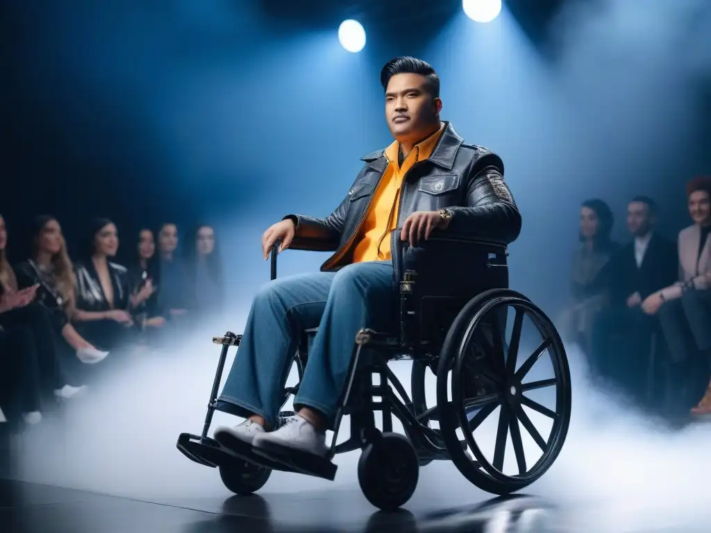 Moda inclusiva: desfile futurista con modelos con discapacidad Desfile futurista de moda adaptativa para todos cuerpos con modelos con discapacidad luciendo con confianza, iluminados por luces brillantes