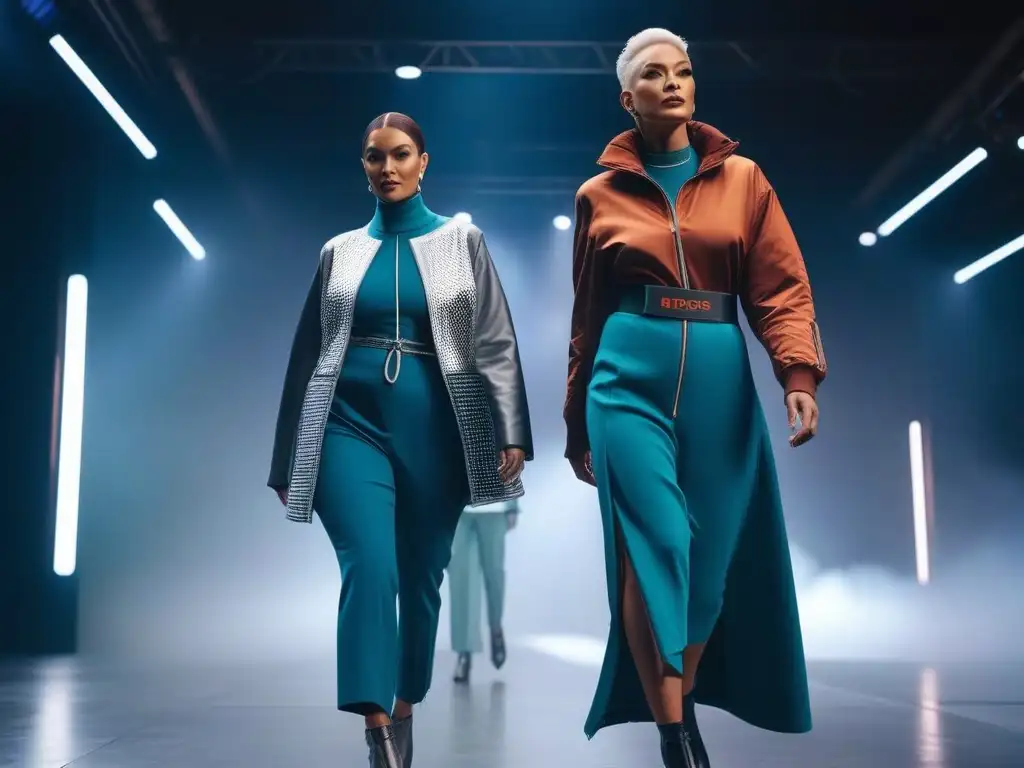 Desfile inclusivo de moda adaptativa: elegancia futurista Desfile futurista de moda adaptativa para todos, con personas diversas luciendo prendas innovadoras y funcionales en una pasarela hightech