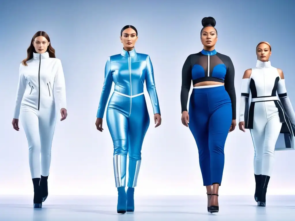 Desfile futurista de moda inclusiva y tecnológica con diversos cuerpos Desfile futurista de moda adaptativa para todos cuerpos en pasarela high-tech