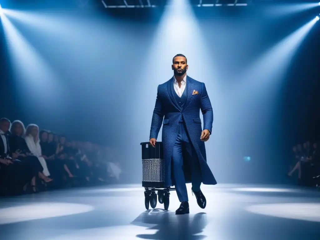 Moda adaptable: desfile futurista con diseños innovadores Desfile futurista de moda adaptativa con diseñadores y modelos diversos destacando la elegancia y diversidad en la pasarela