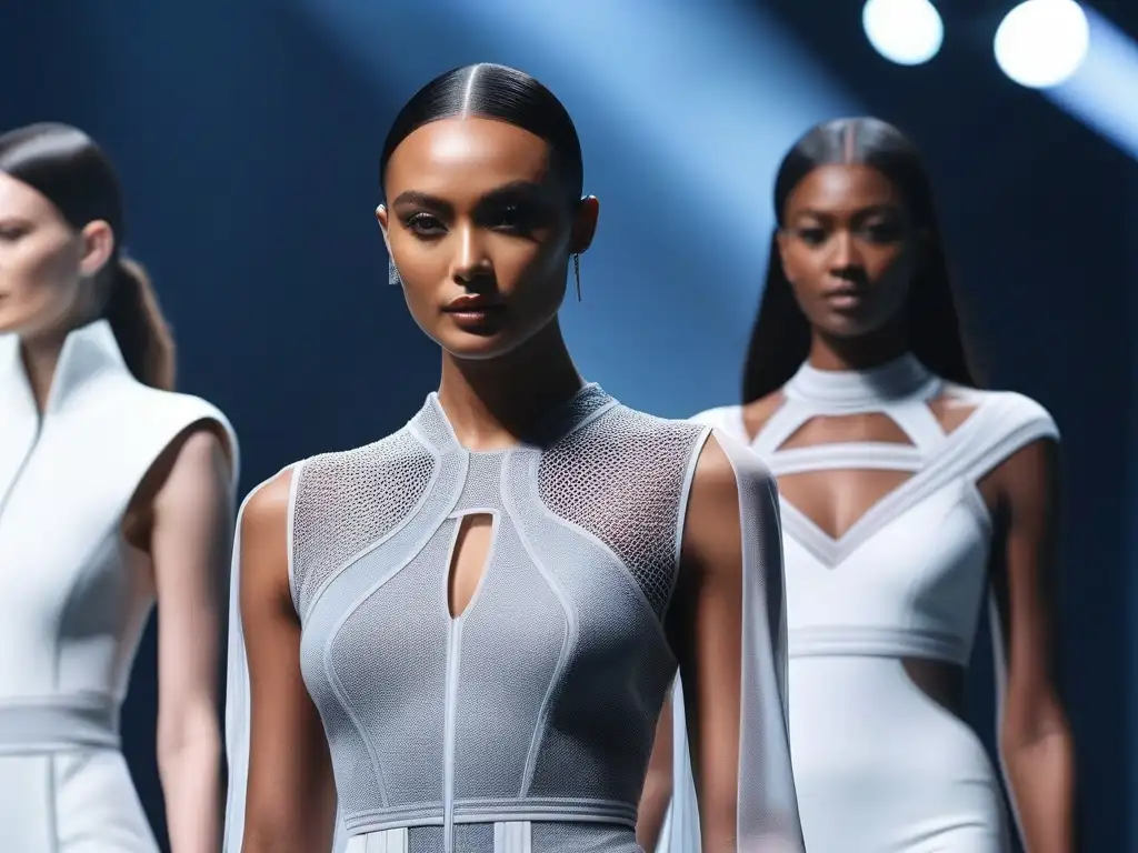 Desfile de moda adaptativa futurista con tecnología innovadora y diversidad Un desfile futurista de moda adaptativa para todos, con tecnología innovadora y diseño inclusivo en una pasarela minimalista