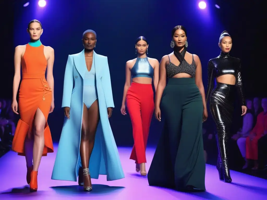 Moda inclusiva: desfile futurista con diseño adaptable Desfile futurista con moda adaptativa para todos cuerpos en pasarela iluminada con luces de colores y mensajes de inclusividad