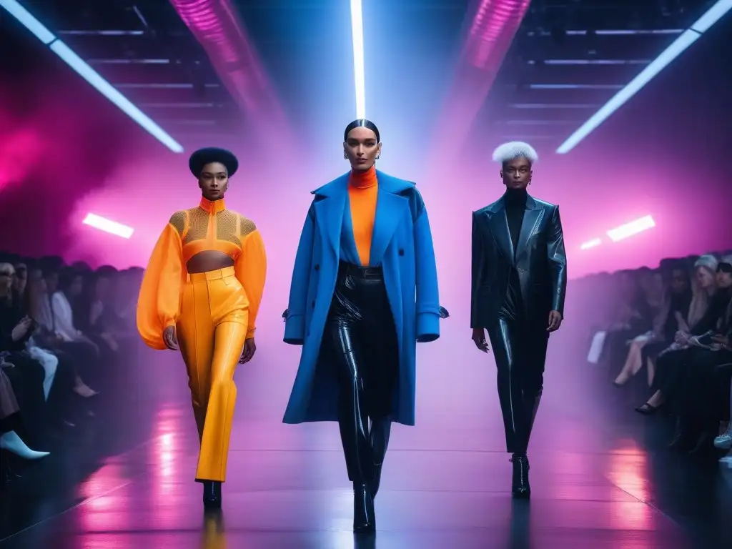 Desfile de moda no binaria: diversidad y vanguardia en la pasarela Un desfile futurista de moda no binaria, modelos seguros de sí mismos lucen diseños vanguardistas