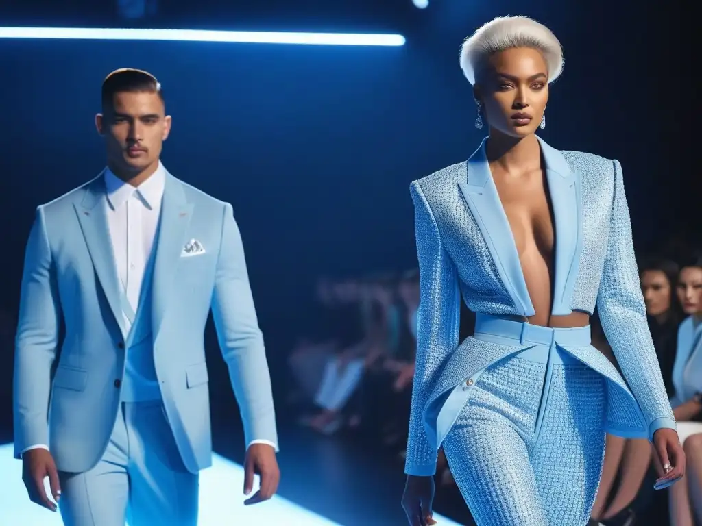 Desfile de moda unisex: diversidad, estilo y empoderamiento Un desfile futurista de moda unisex para todos cuerpos, con modelos diversos empoderados y seguros de sí mismos en la pasarela