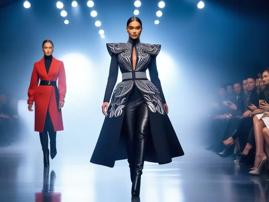 Desfile futurista de moda: 3D couture en 8k Desfile futurista de moda con estándares de belleza desafiantes en prendas de impresión 3D