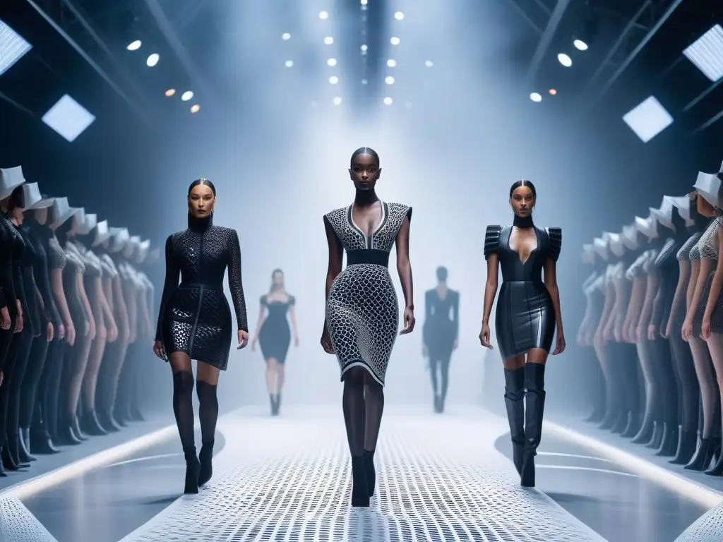 Desfile 3D: Moda inclusiva en la pasarela futurista Desfile futurista de moda inclusiva con impresión 3D, modelos diversos lucen prendas vanguardistas