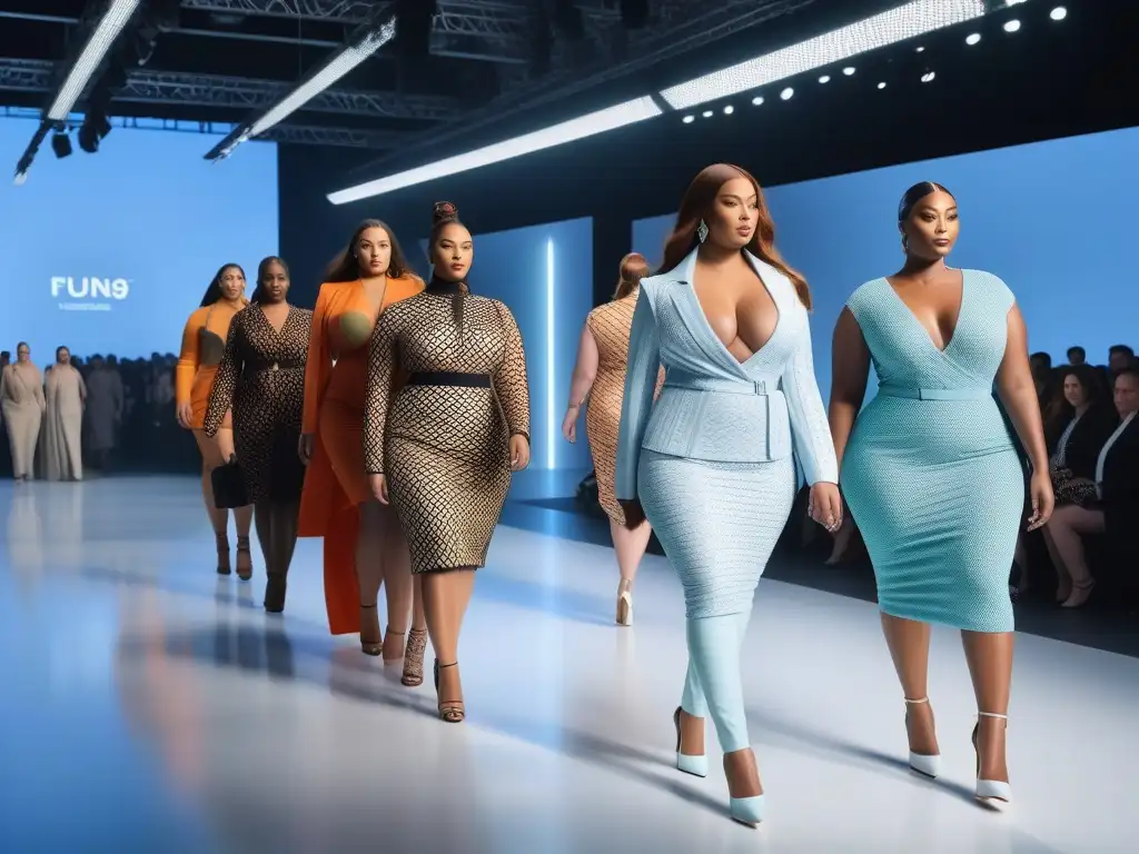 Un desfile futurista de moda inclusiva para todas las tallas, con modelos empoderadas luciendo diseños 3D vanguardistas