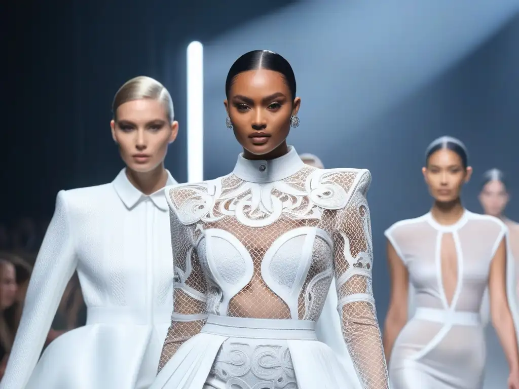 Desfile de moda 3D: Celebrando la diversidad con elegancia Un desfile futurista de moda inclusiva para tallas altas, donde modelos exudan empowerment y gracia en prendas vanguardistas