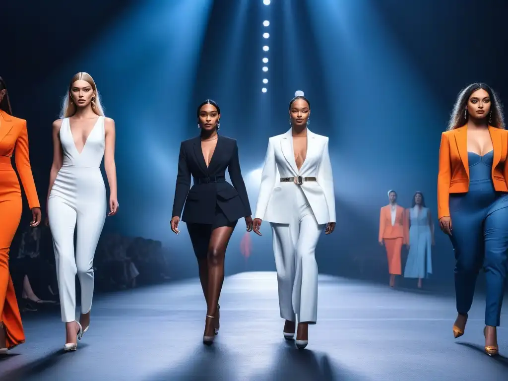 Desfile de moda inclusiva: celebrando la diversidad y la individualidad Un desfile futurista de moda inclusiva para todos cuerpos, donde la diversidad y la inclusión brillan en la pasarela