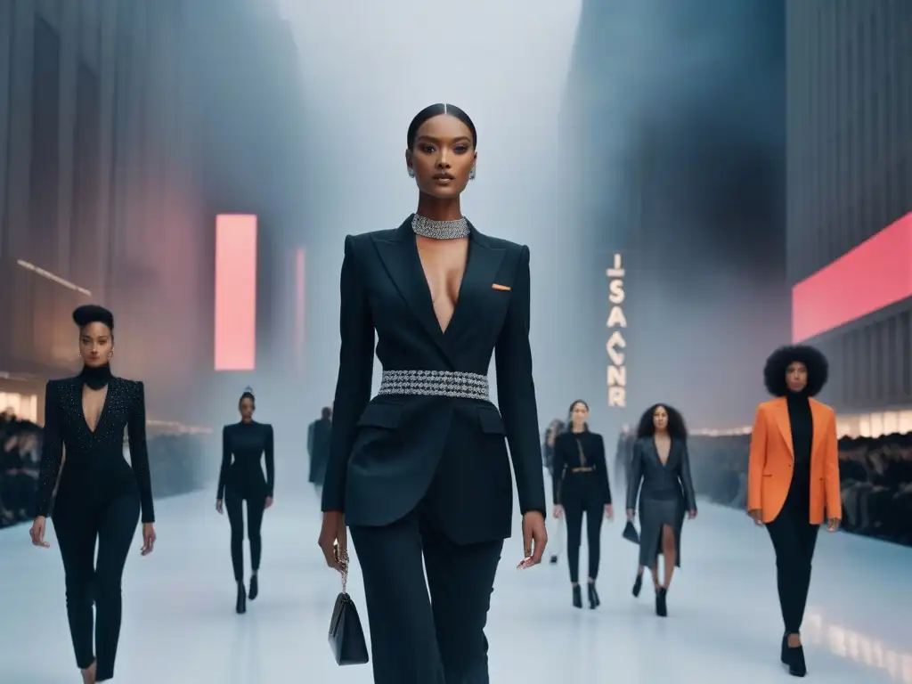 Desfile futurista de moda para altos: elegancia y diversidad Un desfile futurista de moda inclusiva para altos, donde la diversidad y elegancia brillan en la pasarela urbana