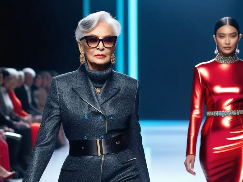 Desfile futurista de moda senior: elegancia y modernidad Un desfile futurista de moda inclusiva para la tercera edad, con modelos elegantes en una pasarela de alta tecnología