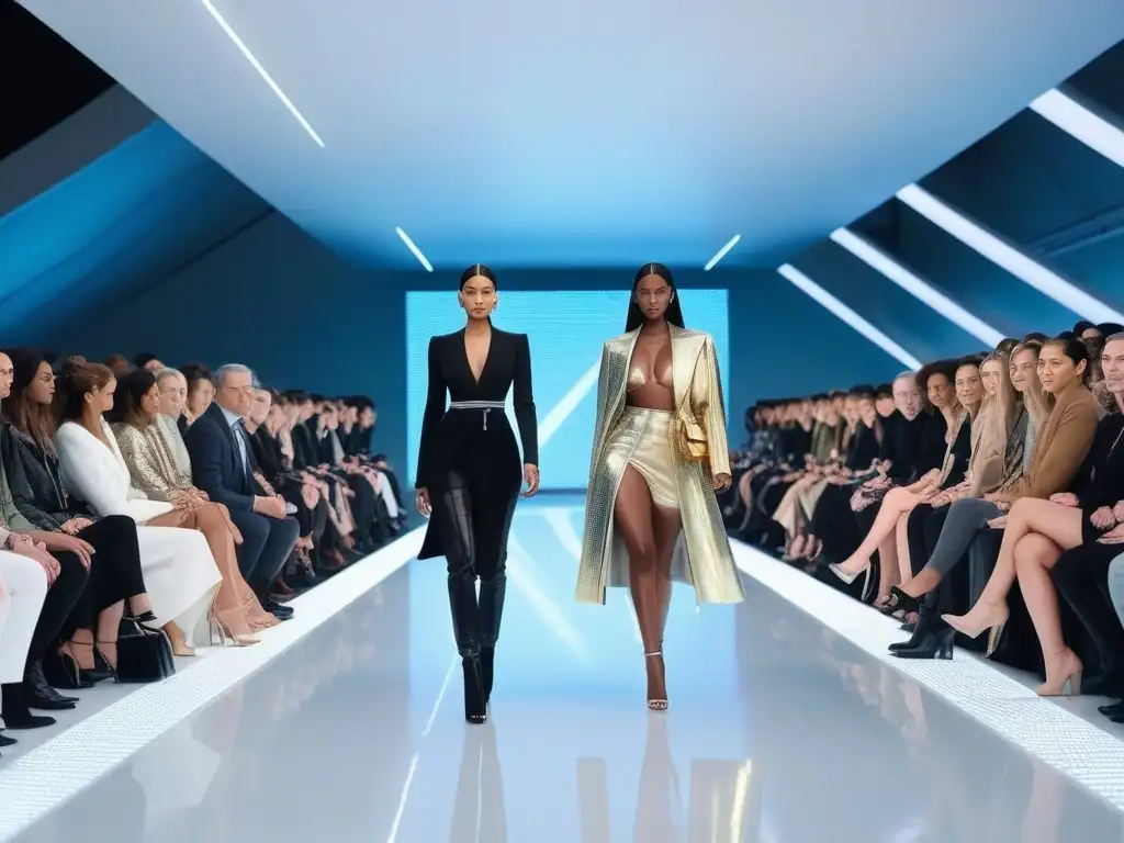 Pasarela inclusiva: diversidad y tecnología en la moda Un desfile futurista de moda inclusiva para todos los cuerpos y etnias, con tecnología avanzada y elegancia