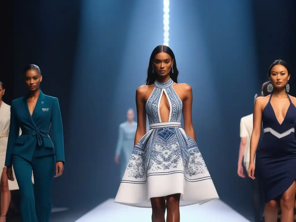 Moda inclusiva: desfile de modelos mostrando telas adaptativas Un desfile futurista de moda inclusiva con tejidos adaptativos para moda inclusiva, donde modelos representan distintas habilidades