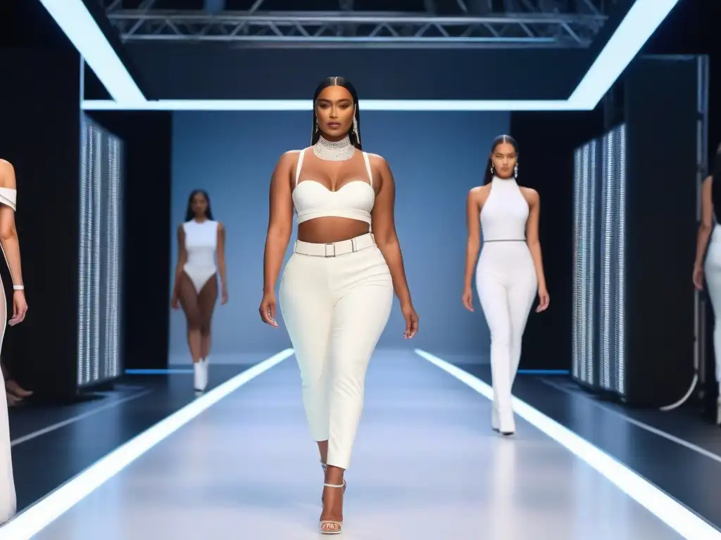 Desfile inclusivo: moda hightech para todos los cuerpos Un desfile futurista de moda inclusiva para todos cuerpos en una pasarela minimalista con toques tecnológicos