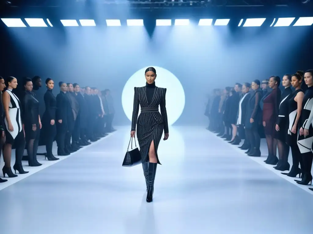 Moda inclusiva y futurista en pasarela de alto contraste Un desfile futurista de moda inclusiva con modelos diversos y diseños vanguardistas
