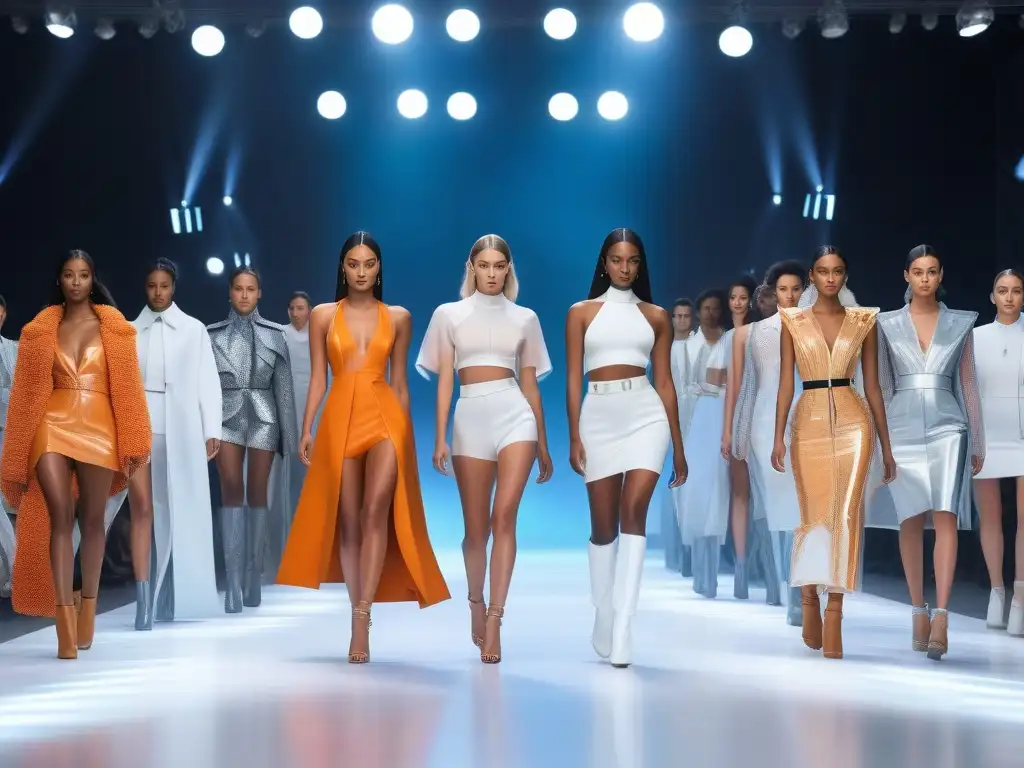 Desfile futurista de moda sostenible con diversidad Un desfile futurista de moda inclusiva sostenible con tecnología cero, modelos diversos caminan con confianza en una pasarela reciclada