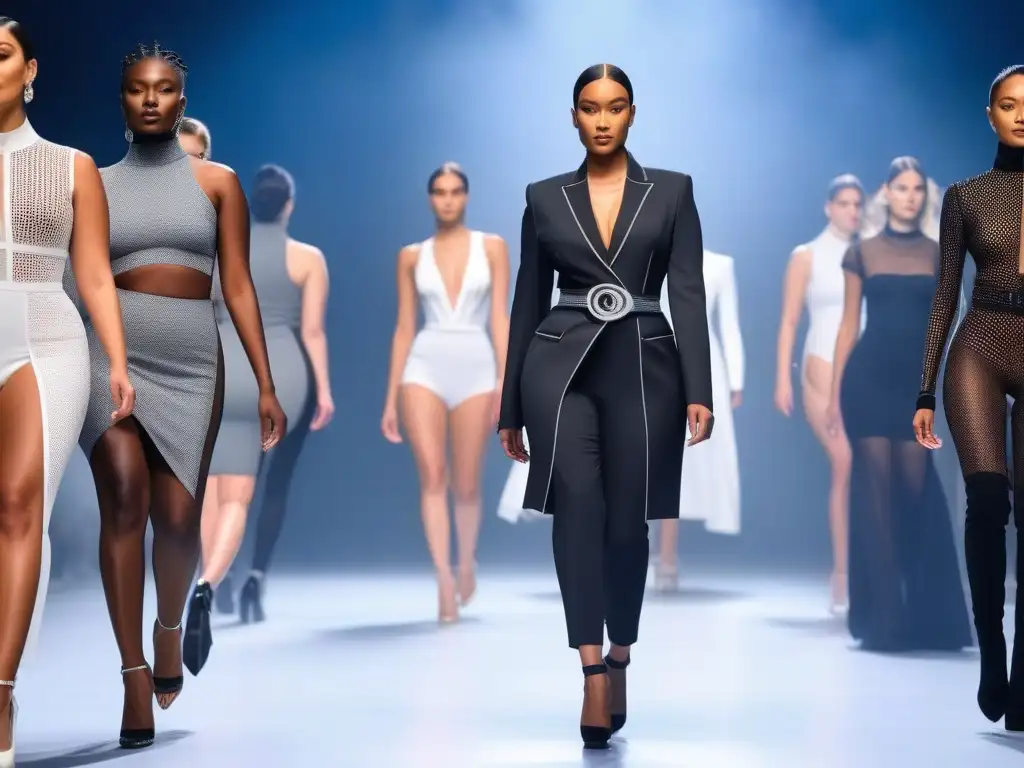 Moda innovadora para todos: pasarela futurista con tecnología integrada Un desfile futurista de moda inclusiva para todos los cuerpos, con tecnología avanzada integrada en las prendas