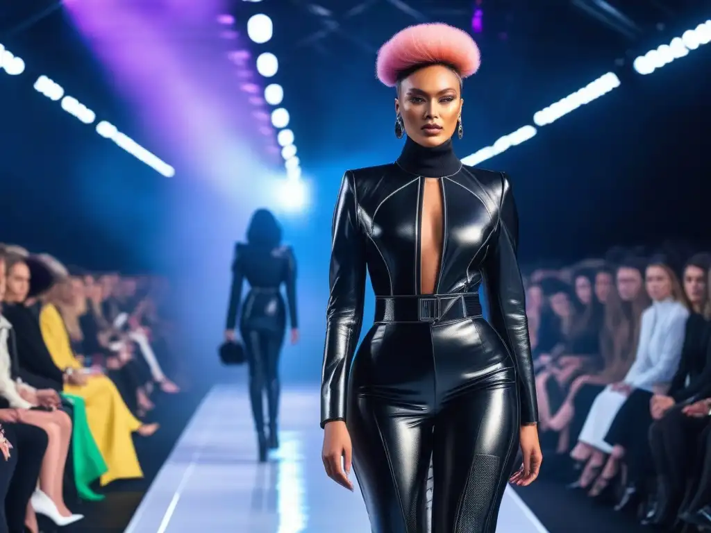 Pasarela del futuro: moda inclusiva celebra diversidad Un desfile futurista de moda inclusiva tallas especiales con modelos diversos derrochando confianza y estilo revolucionario