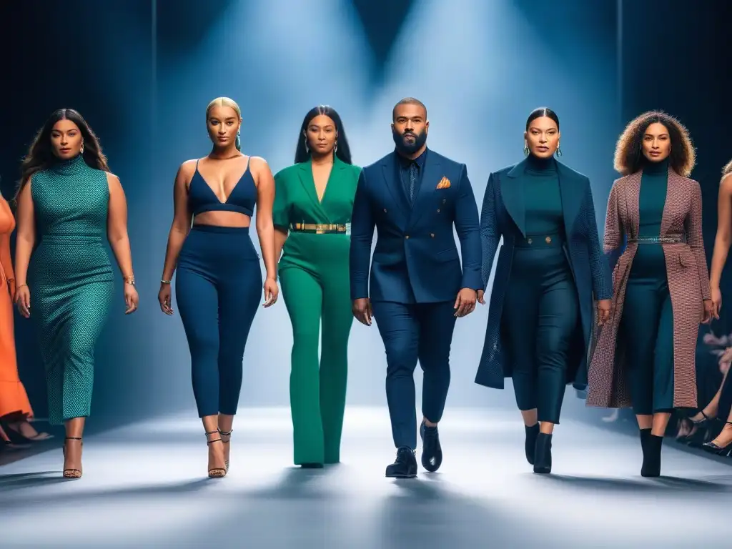 Moda adaptativa: desfile inclusivo y futurista Un desfile futurista de moda inclusiva con modelos de diversos cuerpos luciendo diseños innovadores de ropa adaptativa para diferentes cuerpos